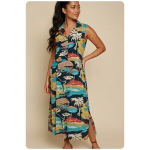 Fern Bratten Maxi Dress Tropical Hawaiian Sleeveless Vacation Summer Womens 2XL